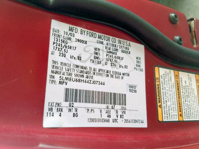 5LMEU68H44ZJ07344 - 2004 LINCOLN AVIATOR Qırmızı foto 10