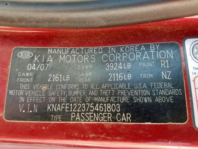 KNAFE122375461803 - 2007 KIA SPECTRA EX RED photo 10