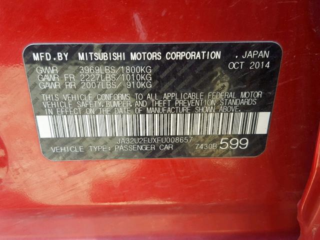 JA32U2FUXFU008657 - 2015 MITSUBISHI LANCER ES RED photo 10