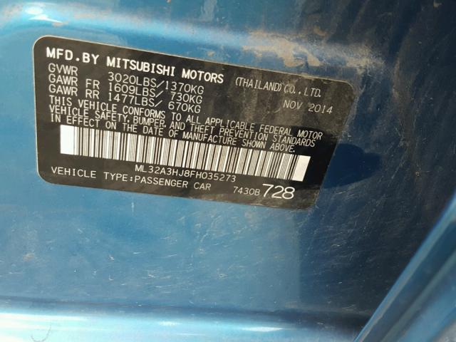 ML32A3HJ8FH035273 - 2015 MITSUBISHI MIRAGE DE BLUE photo 10