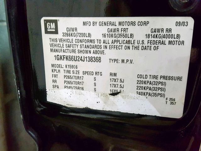 1GKFK66U24J138368 - 2004 GMC YUKON XL D BLACK photo 10