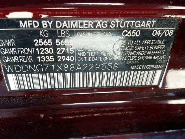 WDDNG71X88A229558 - 2008 MERCEDES-BENZ S 550 MAROON photo 10