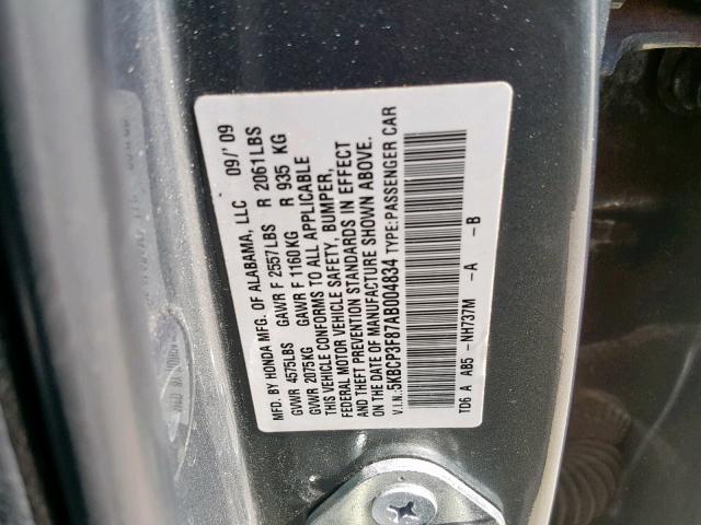 5KBCP3F87AB004834 - 2010 HONDA ACCORD EXL GRAY photo 10