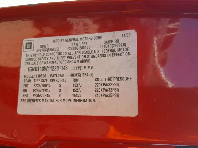 1GNDT13W112201143 - 2001 CHEVROLET BLAZER RED photo 10