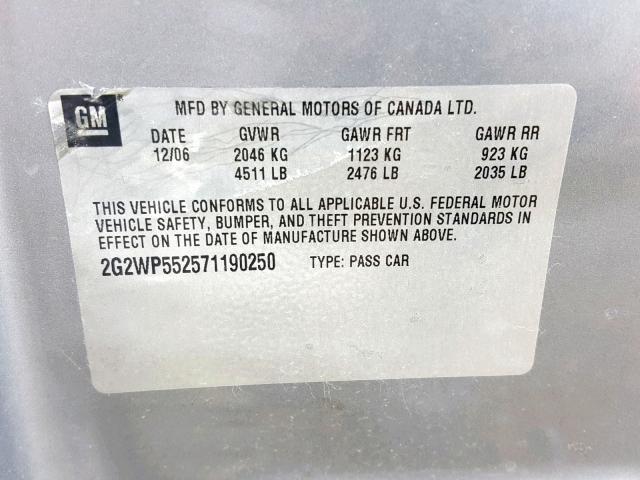 2G2WP552571190250 - 2007 PONTIAC GRAND PRIX GRAY photo 10