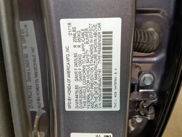 1HGCV2F55JA017161 - 2018 HONDA ACCORD EXL CHARCOAL photo 10