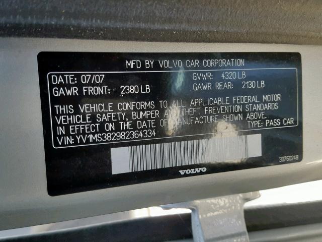 YV1MS382982364334 - 2008 VOLVO S40 2.4I SILVER photo 10