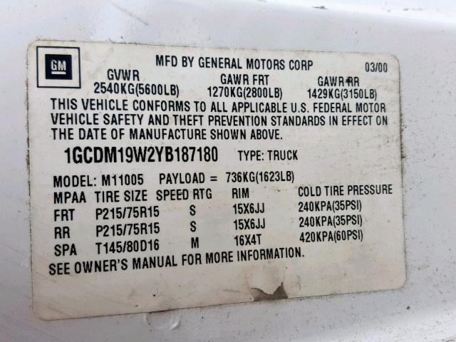 1GCDM19W2YB187180 - 2000 CHEVROLET ASTRO WHITE photo 10