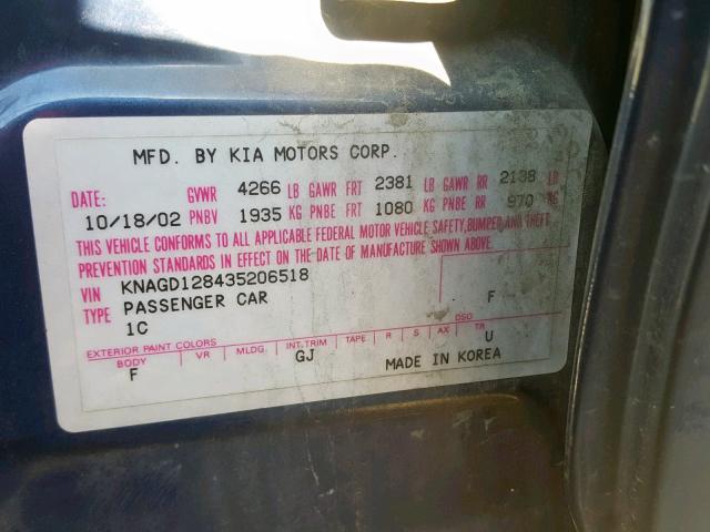 KNAGD128435206518 - 2003 KIA OPTIMA BLUE photo 10