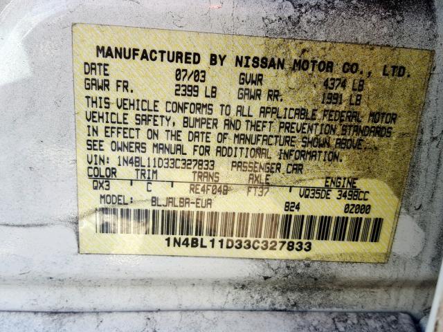 1N4BL11D33C327833 - 2003 NISSAN ALTIMA SE WHITE photo 10