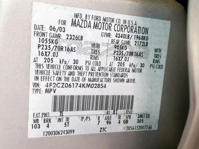 4F2CZ06174KM02854 - 2004 MAZDA TRIBUTE ES 银色 照片 10