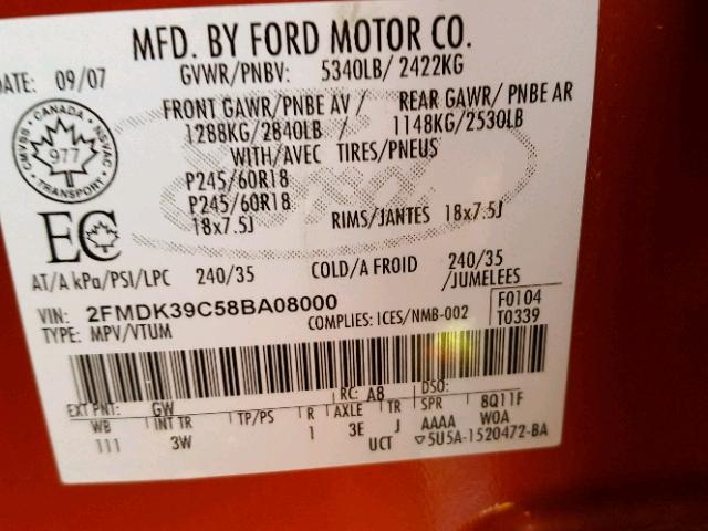 2FMDK39C58BA08000 - 2008 FORD EDGE LIMIT GRAY photo 10