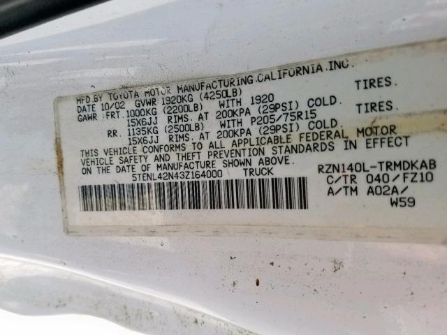 5TENL42N43Z164000 - 2003 TOYOTA TACOMA WHITE photo 10