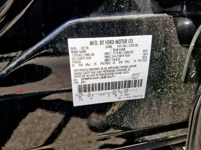 2FMPK3K91JBB74371 - 2018 FORD EDGE TITAN BLACK photo 10