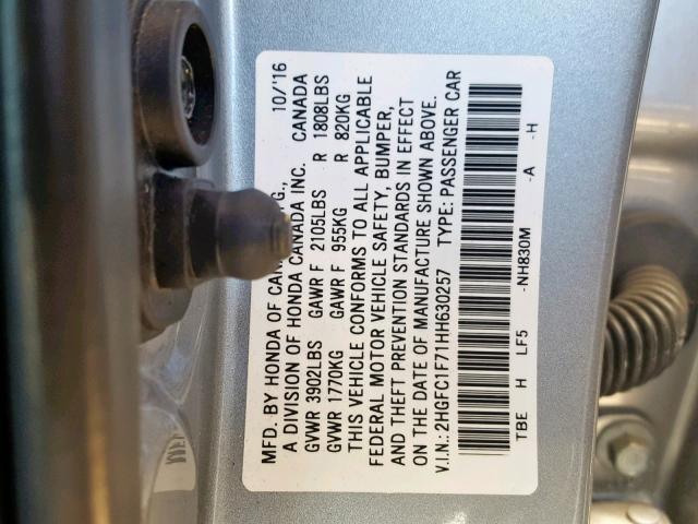 2HGFC1F71HH630257 - 2017 HONDA CIVIC EXL 灰色 照片 10