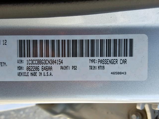 1C3CCBBG3CN304154 - 2012 CHRYSLER 200 TOURIN SILVER photo 10