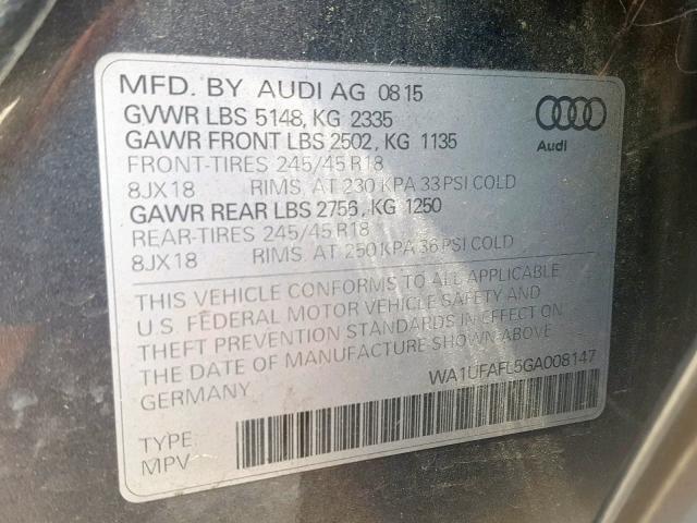 WA1UFAFL5GA008147 - 2016 AUDI A4 ALLROAD GRAY photo 10