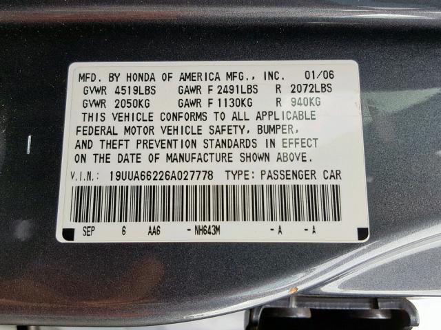 19UUA66226A027778 - 2006 ACURA 3.2TL GRAY photo 10