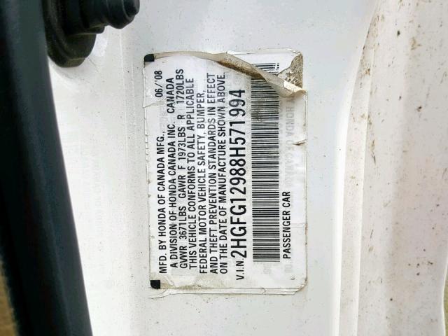2HGFG12988H571994 - 2008 HONDA CIVIC EXL 白色 照片 10