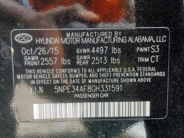 5NPE34AF8GH331591 - 2016 HYUNDAI SONATA SPO BLACK photo 10