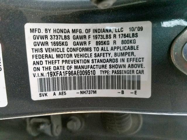 19XFA1F96AE009510 - 2010 HONDA CIVIC EXL GRAY photo 10