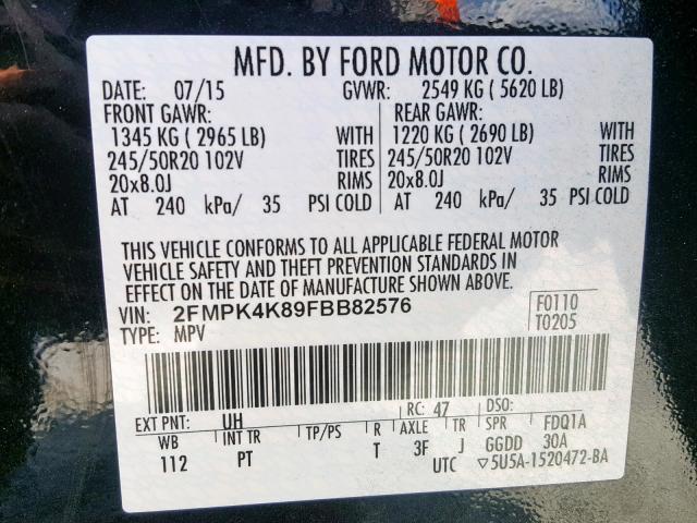 2FMPK4K89FBB82576 - 2015 FORD EDGE TITAN BLACK photo 10