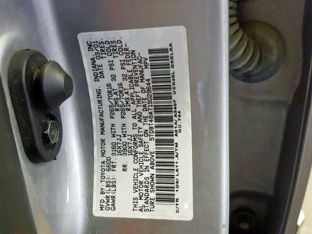 5TDBT48A71S029644 - 2001 TOYOTA SEQUOIA LI SILVER photo 10