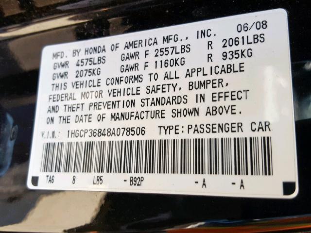 1HGCP36848A078506 - 2008 HONDA ACCORD EXL BLACK photo 10