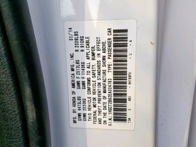 1HGCT2B82EA004783 - 2014 HONDA ACCORD EXL WHITE photo 10