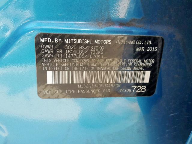 ML32A3HJ9FH048209 - 2015 MITSUBISHI MIRAGE DE BLUE photo 10