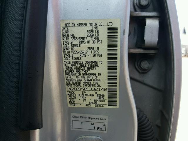 1N6MD29Y02C332142 - 2002 NISSAN FRONTIER C SILVER photo 10