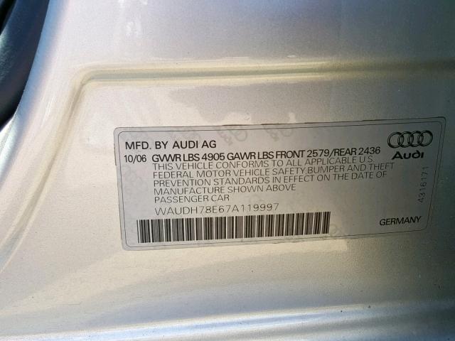 WAUDH78E67A119997 - 2007 AUDI A4 3.2 QUA SILVER photo 10