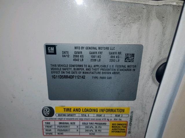 1G11D5RR4DF112142 - 2013 CHEVROLET MALIBU 1LT WHITE photo 10