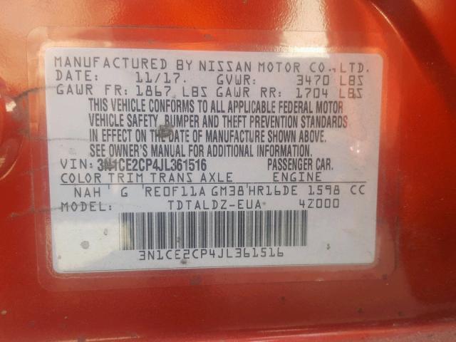 3N1CE2CP4JL361516 - 2018 NISSAN VERSA NOTE RED photo 10