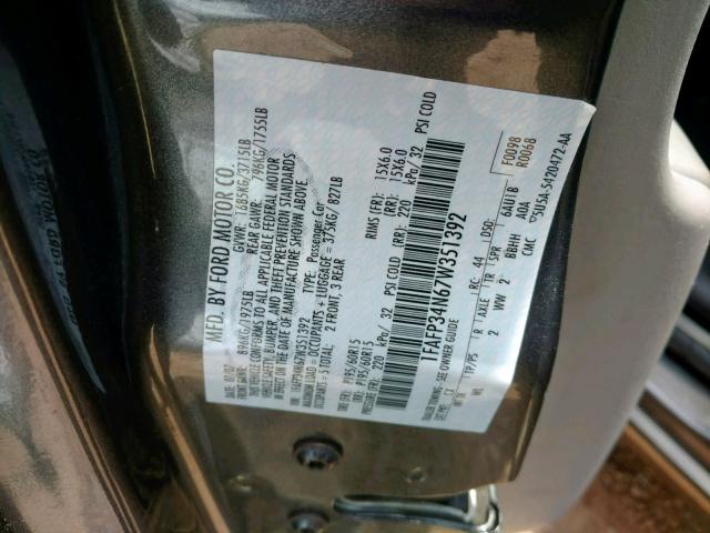 1FAFP34N67W351392 - 2007 FORD FOCUS ZX4 GRAY photo 10