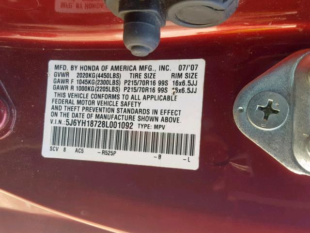 5J6YH18728L001092 - 2008 HONDA ELEMENT EX RED photo 10