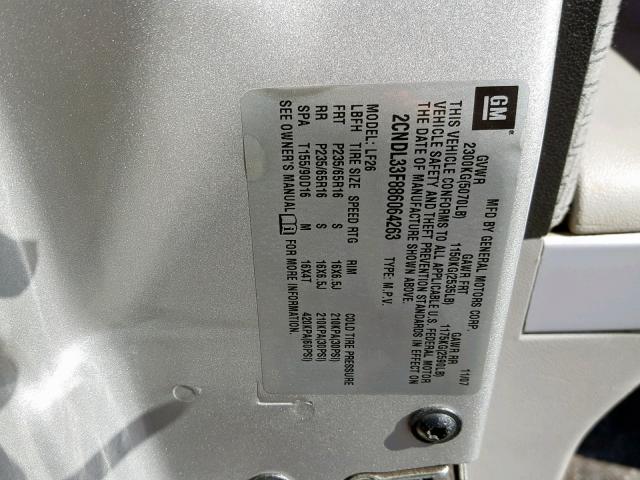 2CNDL33F886064263 - 2008 CHEVROLET EQUINOX LT SILVER photo 10