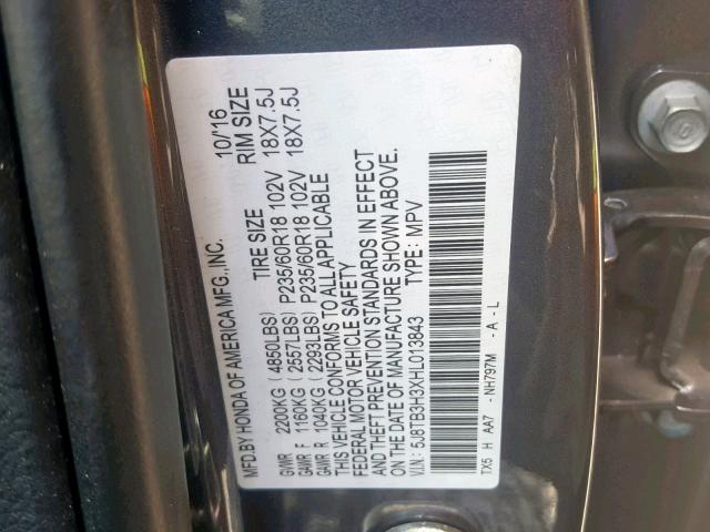 5J8TB3H3XHL013843 - 2017 ACURA RDX GRAY photo 10