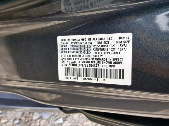 5FNRL5H97EB104377 - 2014 HONDA ODYSSEY TO GRAY photo 10