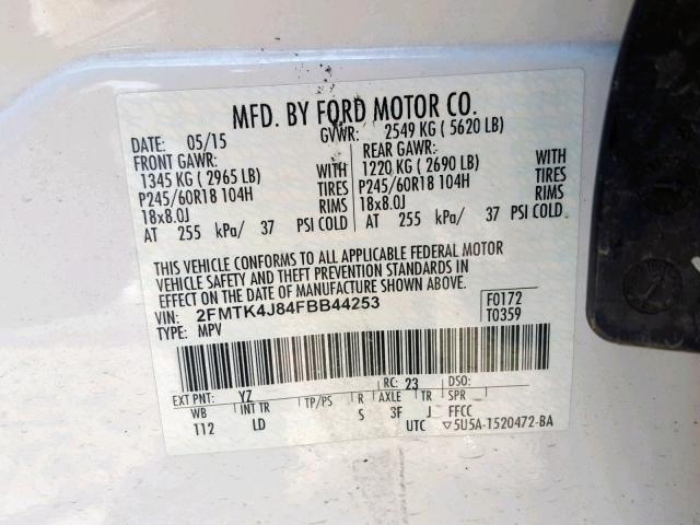 2FMTK4J84FBB44253 - 2015 FORD EDGE SEL WHITE photo 10