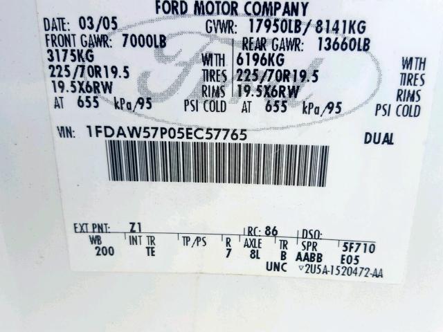 1FDAW57P05EC57765 - 2005 FORD F550 SUPER WHITE photo 10