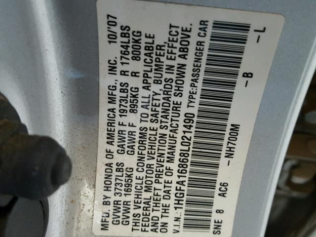 1HGFA16868L021490 - 2008 HONDA CIVIC EX SILVER photo 10