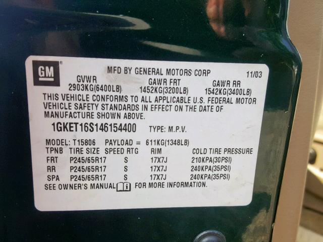 1GKET16S146154400 - 2004 GMC ENVOY XL GREEN photo 10