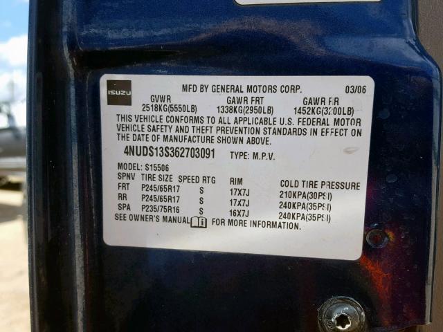 4NUDS13S362703091 - 2006 ISUZU ASCENDER S 蓝色 照片 10