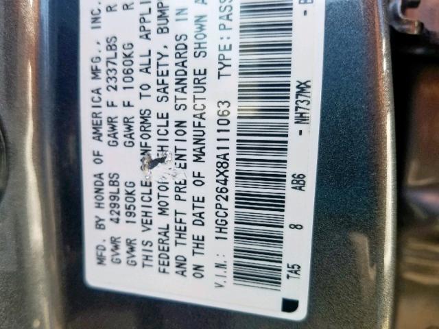 1HGCP264X8A111063 - 2008 HONDA ACCORD LXP GRAY photo 10