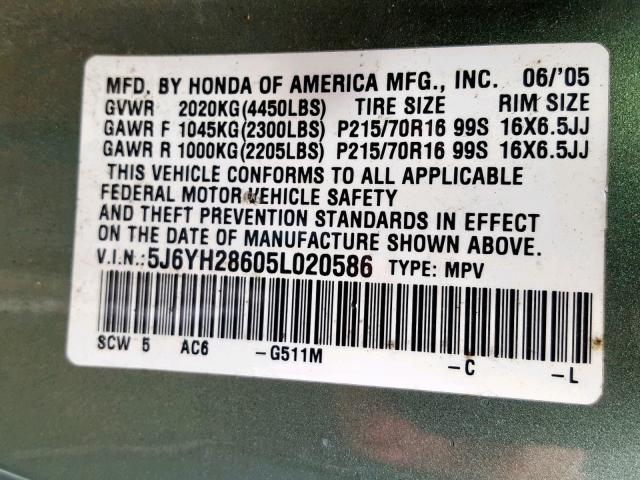 5J6YH28605L020586 - 2005 HONDA ELEMENT EX GREEN photo 10