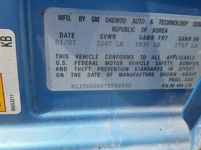 KL1TD66657B768532 - 2007 CHEVROLET AVEO BASE Көк фото 10