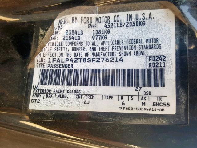 1FALP42T8SF276214 - 1995 FORD MUSTANG GT BLACK photo 10