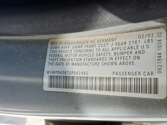 WVWPD63B72P342462 - 2002 VOLKSWAGEN PASSAT GLS SILVER photo 10