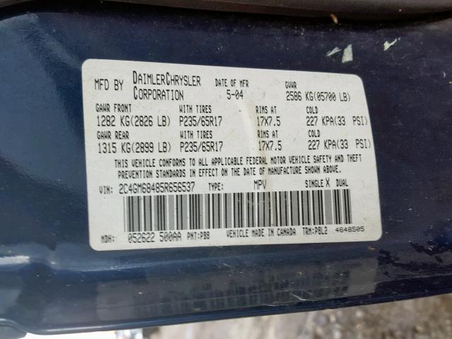 2C4GM68485R656537 - 2005 CHRYSLER PACIFICA T BLUE photo 10